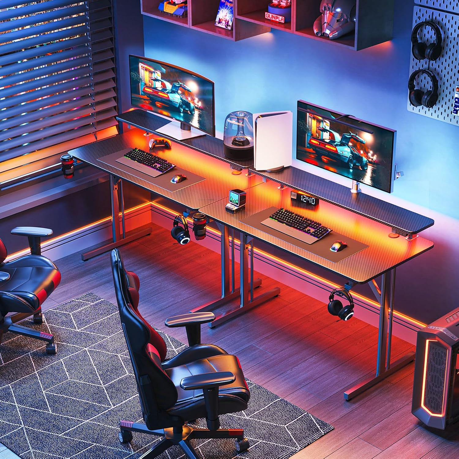 MOTPK 32 Inch Small Gaming Desk with LED Lights, Computer Desk Gaming Table with Monitor Shelf, Gamer Desk with Carbon Fiber Texture, Kids Boys Desk Gift for Men