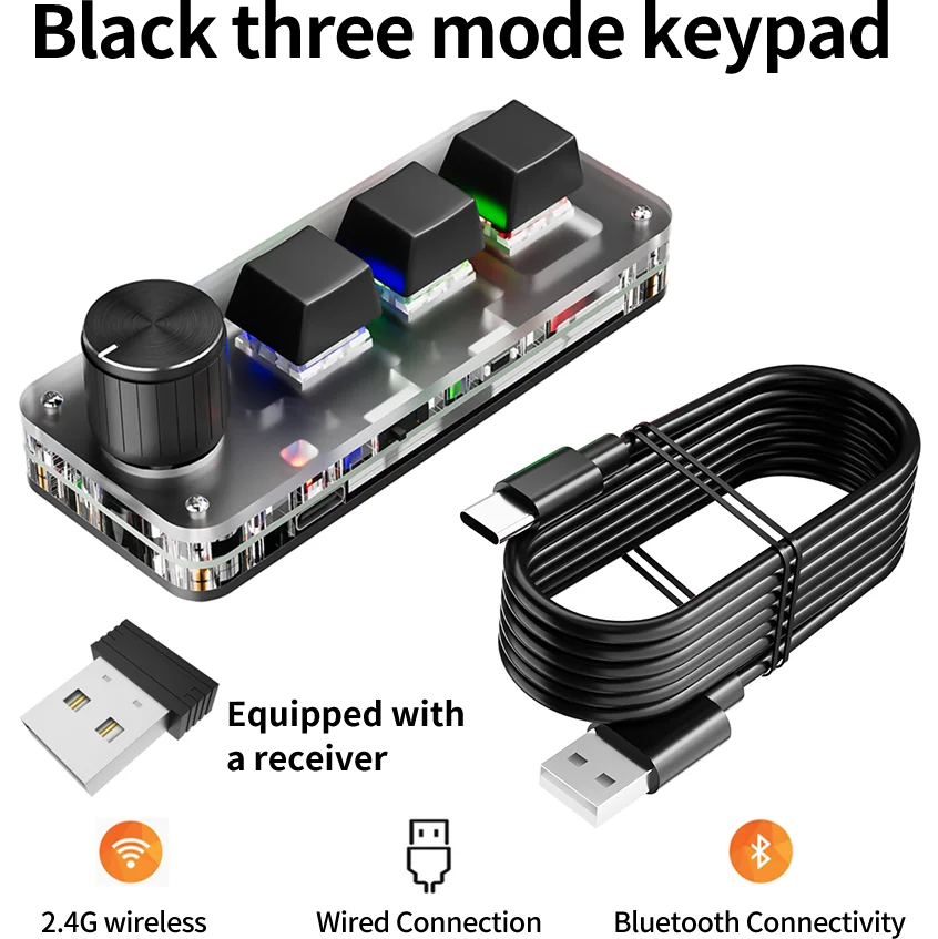 Bluetooth Macro Mechanical Keypad – 3-Key RGB Hotswap Red Switch Custom Programming Pad for Gaming, Photoshop & Productivity