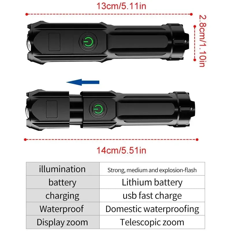 Powerful USB Rechargeable LED Flashlight – High Lumen Zoom Focus, Waterproof Tactical Torch for Fishing, Hunting, Camping