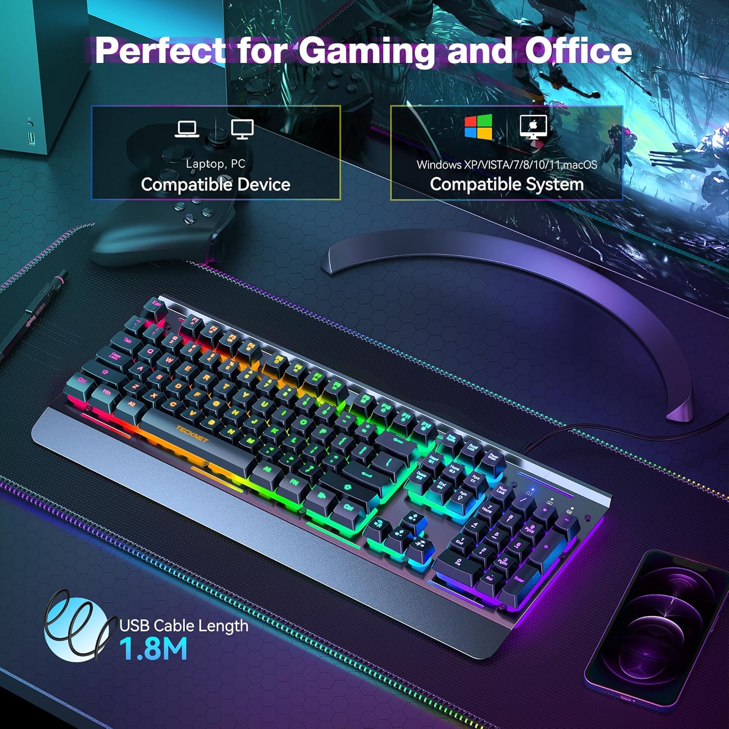 TECKNET Gaming Keyboard, USB Wired Computer Keyboard, 15-Zone RGB Illumination, IP32 Water Resistance, 25 Anti-ghosting Keys, All-Metal Panel (Whisper Quiet Gaming Switch)
