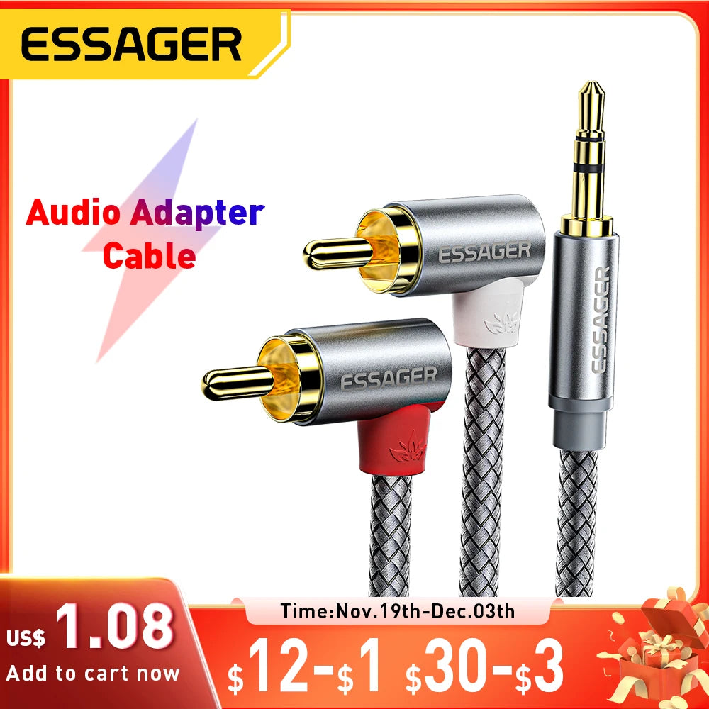 Essager 90° Right Angle 3.5mm to 2RCA Audio Cable – Stereo Splitter Adapter for Home Theater Amplifiers