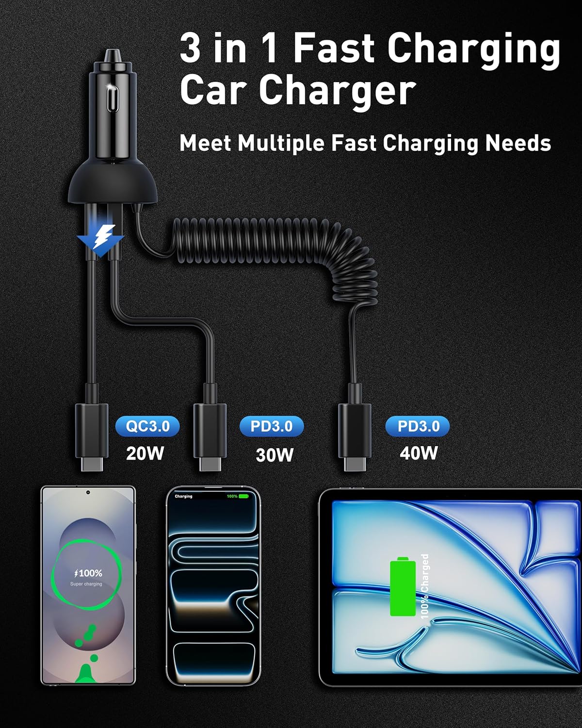 90W iPhone 17/17 Pro Max/Air Car Charger Fast Charging, 3-Port USB C Fast Car Charger Cigarette Lighter Adapter & 4FT USB-C Coiled Cable for iPhone 17/Air/17 Pro /16/15 Pro Max/Plus, iPad, Android