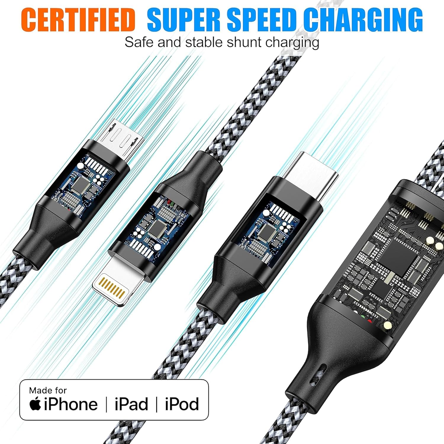 Multi Charging Cable 4ft 3Pack 3 in 1 Charger Cord, Multiple Rapid Nylon Braided Cable USB Charging Cable Multi Phone Charger Cord with Type C Micro Lightning USB Connectors for Cell Phones