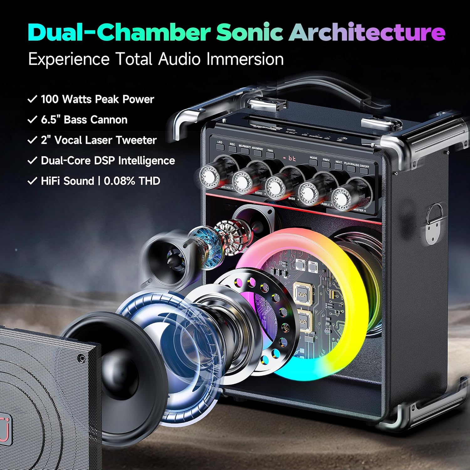 Karaoke Machine for Adults with 2 Wireless Microphones, Portable Bluetooth 5.3 Speaker with Bass/Treble/Echo Adjustment, PA System with Remote Control, Supports TWS/TV/TF Card/USB/AUX