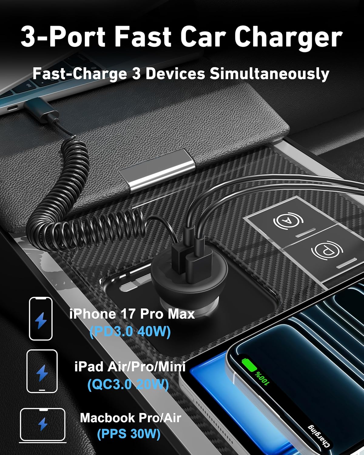 90W iPhone 17/17 Pro Max/Air Car Charger Fast Charging, 3-Port USB C Fast Car Charger Cigarette Lighter Adapter & 4FT USB-C Coiled Cable for iPhone 17/Air/17 Pro /16/15 Pro Max/Plus, iPad, Android