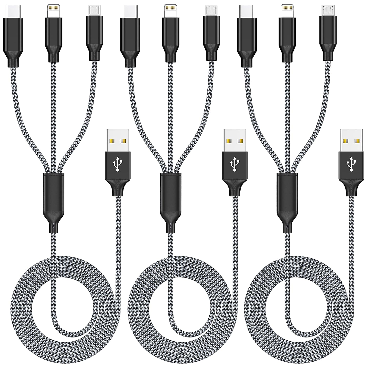 Multi Charging Cable 4ft 3Pack 3 in 1 Charger Cord, Multiple Rapid Nylon Braided Cable USB Charging Cable Multi Phone Charger Cord with Type C Micro Lightning USB Connectors for Cell Phones