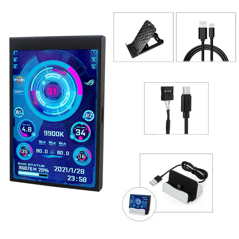USB 3.5 Inch IPS 5PIN Type-C Secondary Screen Mini Computer  CPU GPU RAM HDD Monitor Display Freely AIDA64 Holder Cable