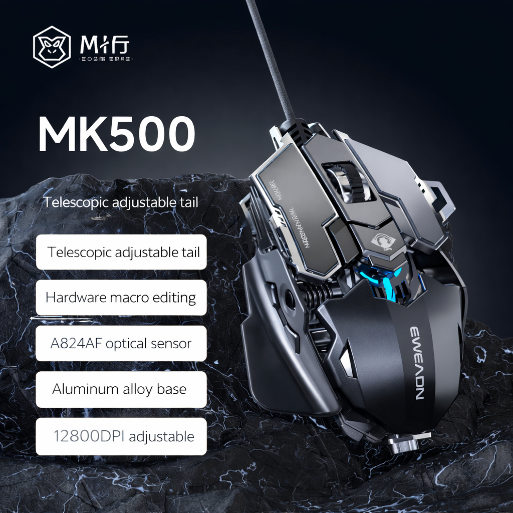 MK500 / G5 Gaming Mouse – Wired Mechanical Macro Mouse, Metal Weighted Silent Design, 12,800 DPI, Adjustable Tail Wing
