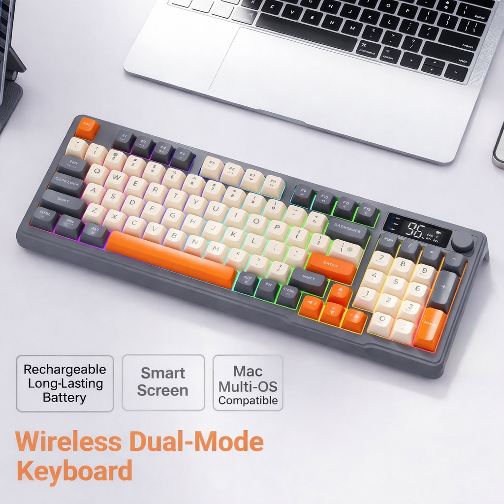 Mengzu Wireless Bluetooth Mechanical Keyboard Mouse Combo, Silent Rechargeable with Smart Screen