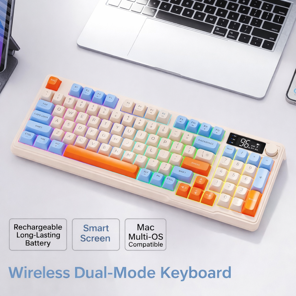 Mengzu Wireless Bluetooth Mechanical Keyboard Mouse Combo, Silent Rechargeable with Smart Screen