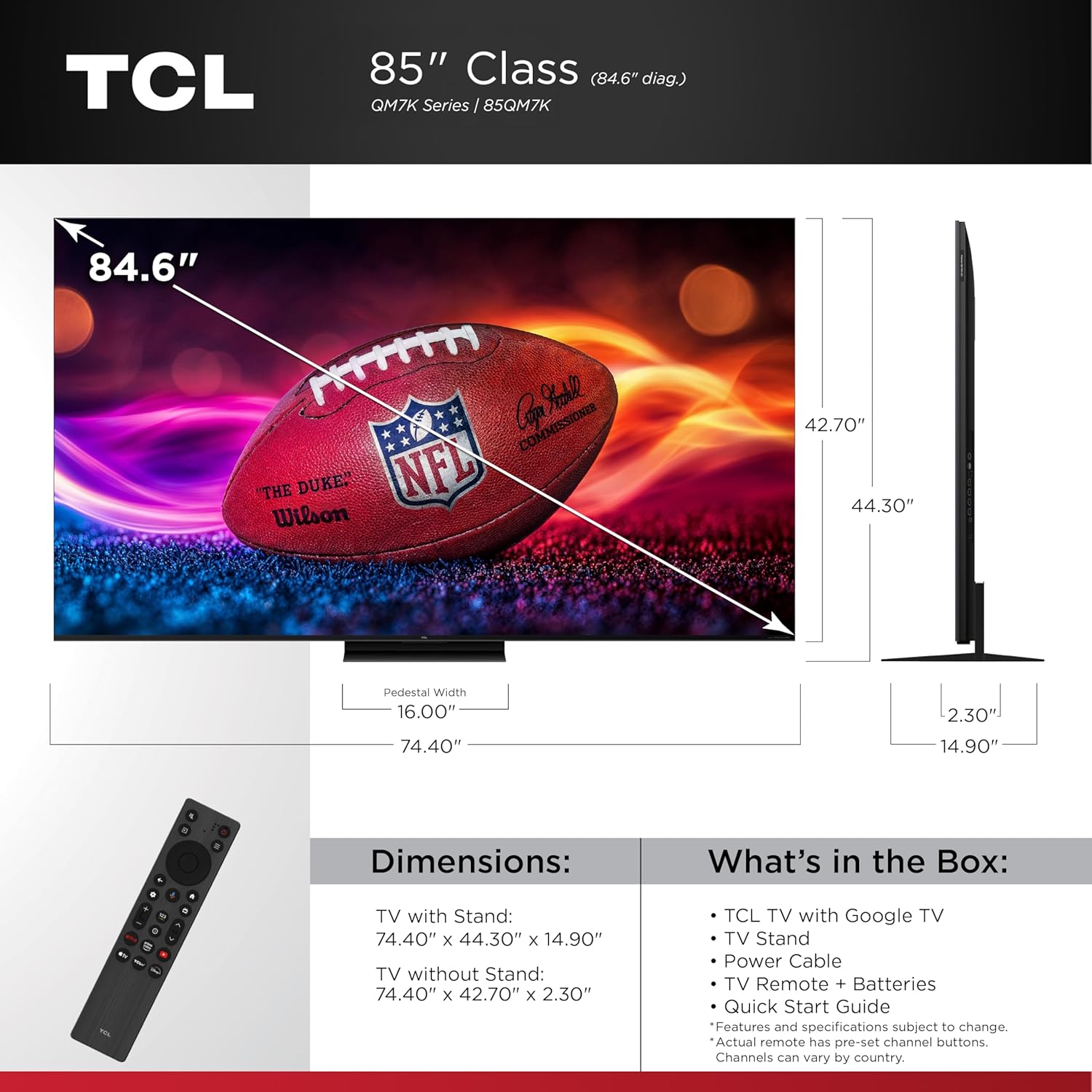 TCL 85 Inch Class QM7K Series | Mini LED QLED 4K HDR | 85QM7K, 2025 Model | 120HZ-144HZ Anti Reflective Screen Smart Google TV Dolby Atmos Onkyo Audio | Voice Remote Alexa Gaming Streaming Television
