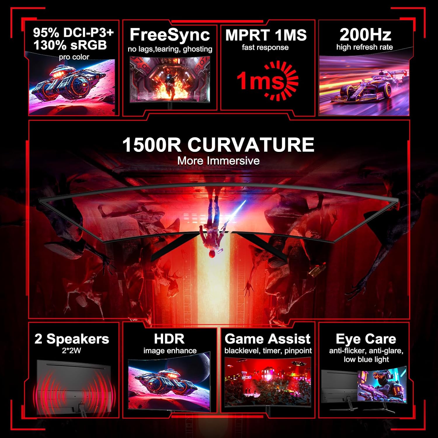 SANSUI 27 Inch Curved Gaming Monitor 200Hz 1ms with Speakers FHD 1080P Computer Monitor FreeSync|1500R|130% sRGB|HDR|Low Blue Light|HDMI DP Ports|VESA Mount|Metal Stand(HDMI Cable Incl.)