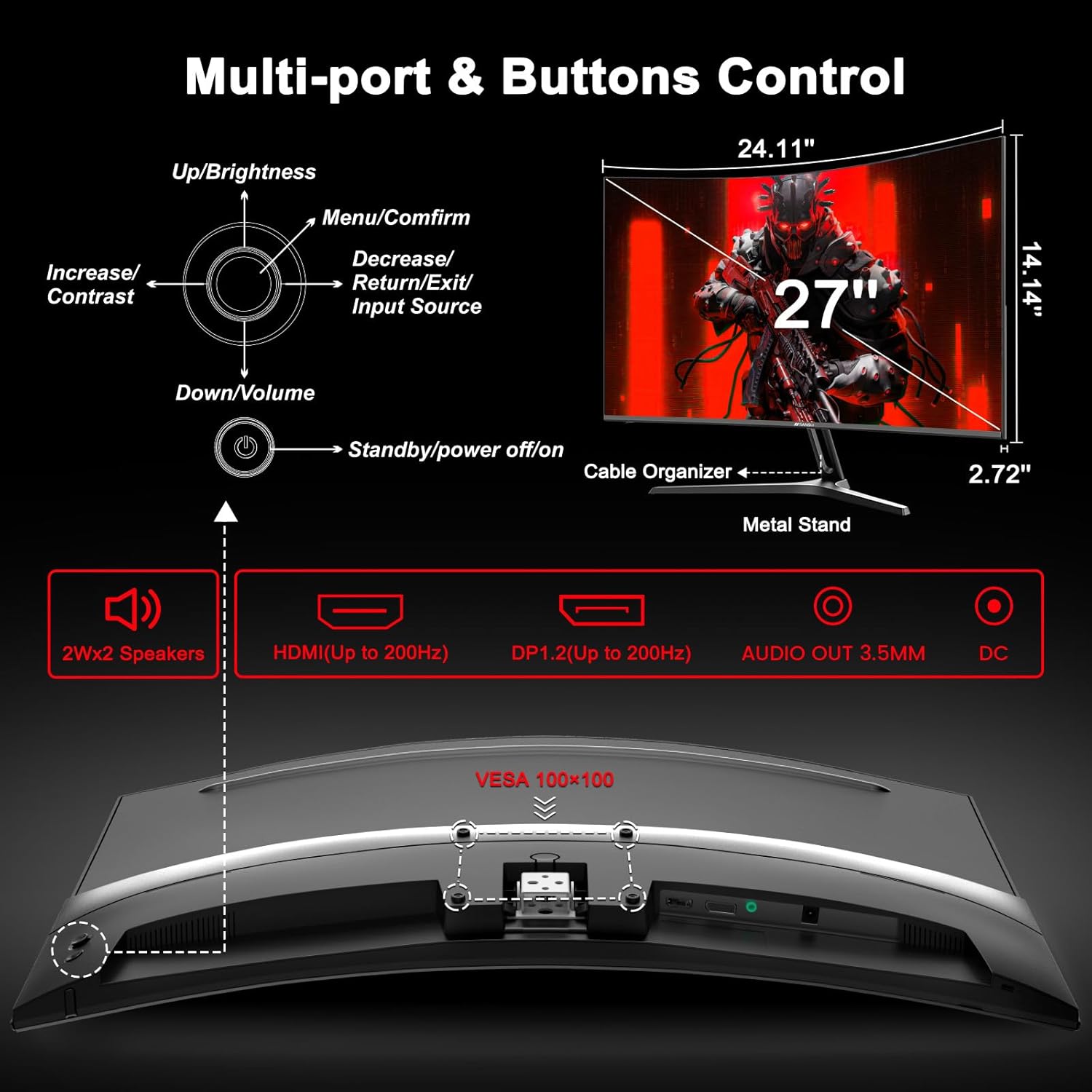 SANSUI 27 Inch Curved Gaming Monitor 200Hz 1ms with Speakers FHD 1080P Computer Monitor FreeSync|1500R|130% sRGB|HDR|Low Blue Light|HDMI DP Ports|VESA Mount|Metal Stand(HDMI Cable Incl.)