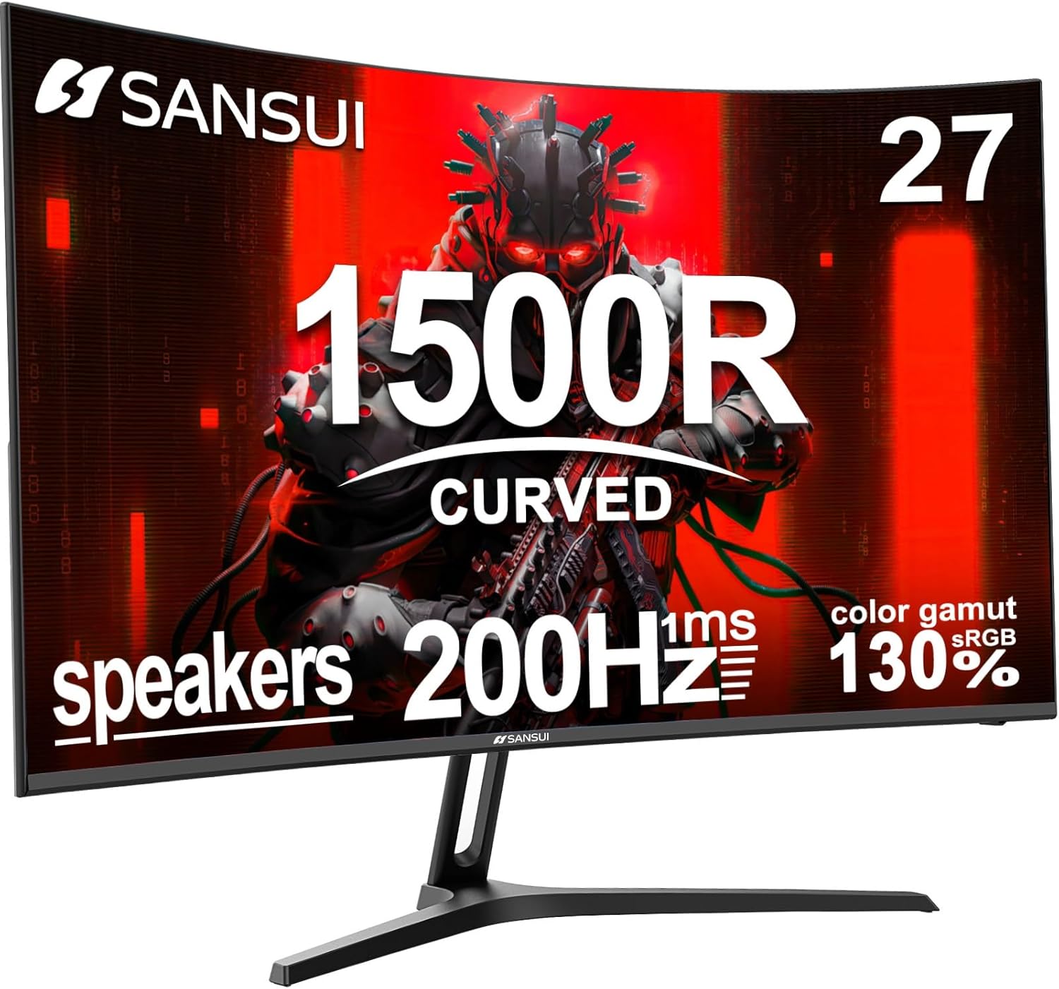 SANSUI 27 Inch Curved Gaming Monitor 200Hz 1ms with Speakers FHD 1080P Computer Monitor FreeSync|1500R|130% sRGB|HDR|Low Blue Light|HDMI DP Ports|VESA Mount|Metal Stand(HDMI Cable Incl.)