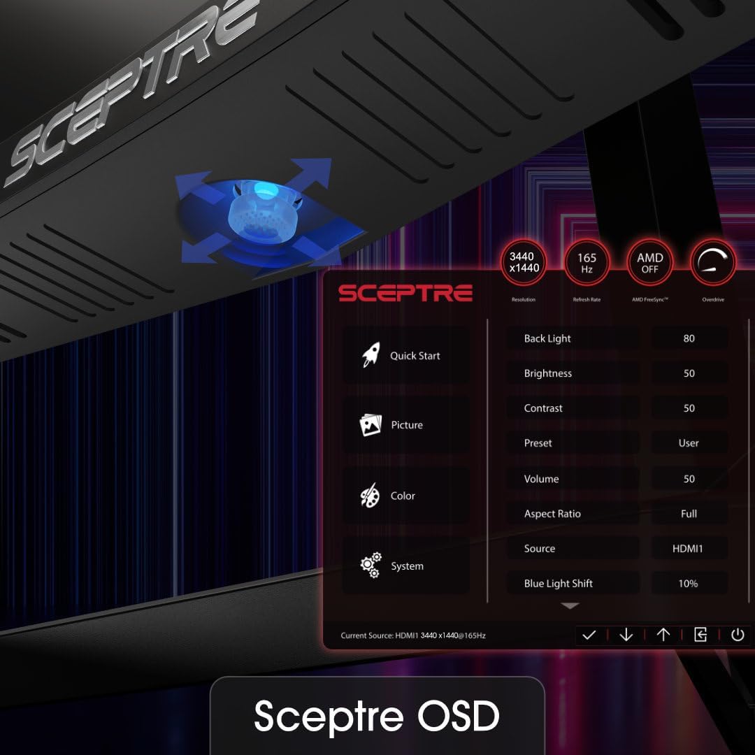 Sceptre 34-Inch Curved Ultrawide WQHD Monitor 3440 x 1440 R1500 up to 180Hz/165Hz DisplayPort x2 99% sRGB 1ms Picture by Picture, Build-in Speakers Machine Black 2025 (C345B-QUT168)