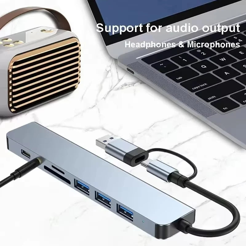 8 in 2 USB-C HUB USB Splitter USB Extender with 4 USB Port 1 USBC Port TF/SD Card Reader Audio Output Compatible with MacBook