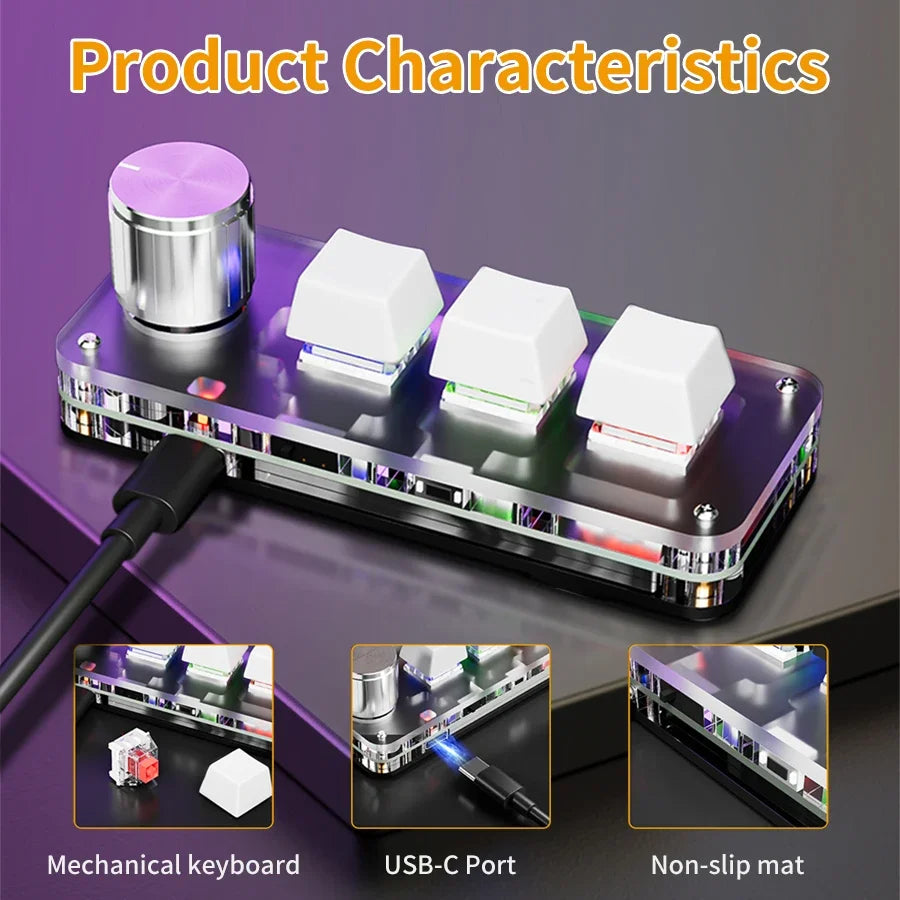 Bluetooth Macro Mechanical Keypad – 3-Key RGB Hotswap Red Switch Custom Programming Pad for Gaming, Photoshop & Productivity