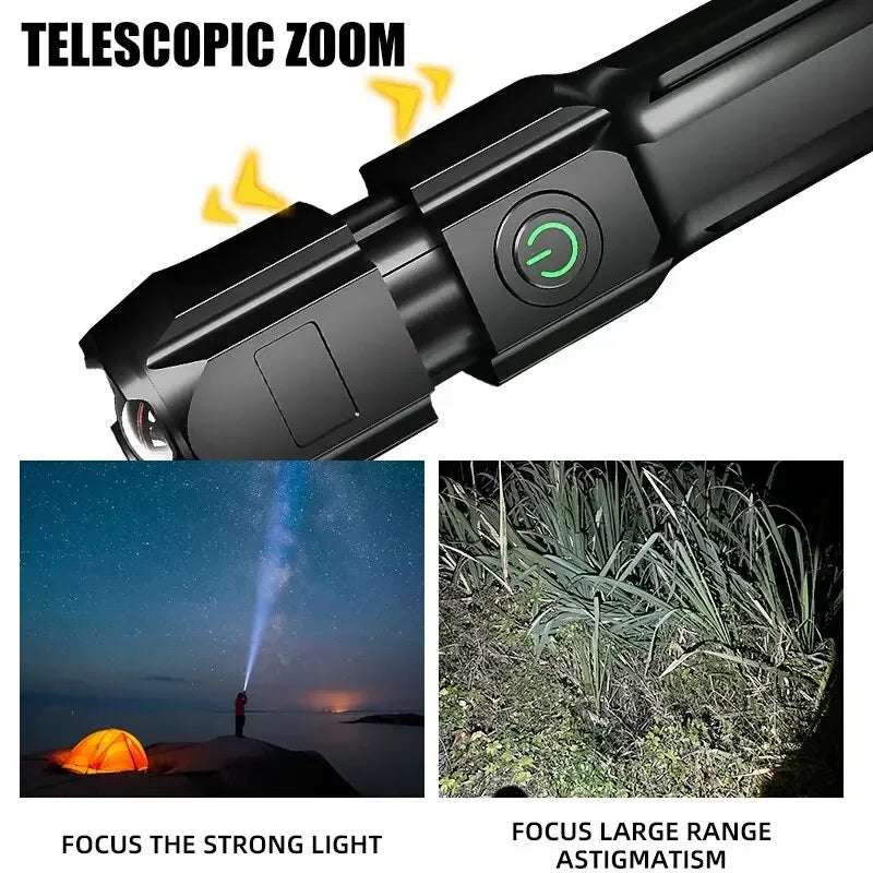 Powerful USB Rechargeable LED Flashlight – High Lumen Zoom Focus, Waterproof Tactical Torch for Fishing, Hunting, Camping