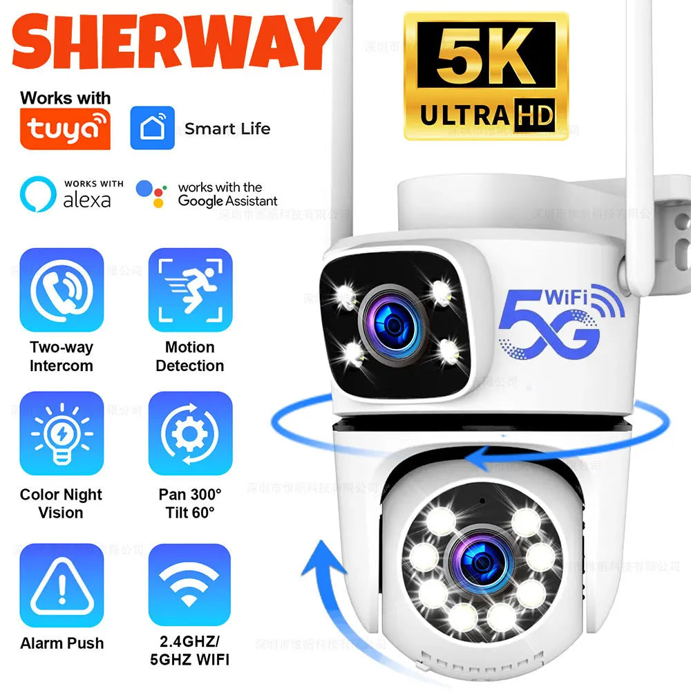 Tuya 5K 10MP WIFI IP Camera Outdoor 5G Wifi Dual Lens PTZ Cam Onvif CCTV Surveillance AI Tracking Alexa/Goggle Security Camera