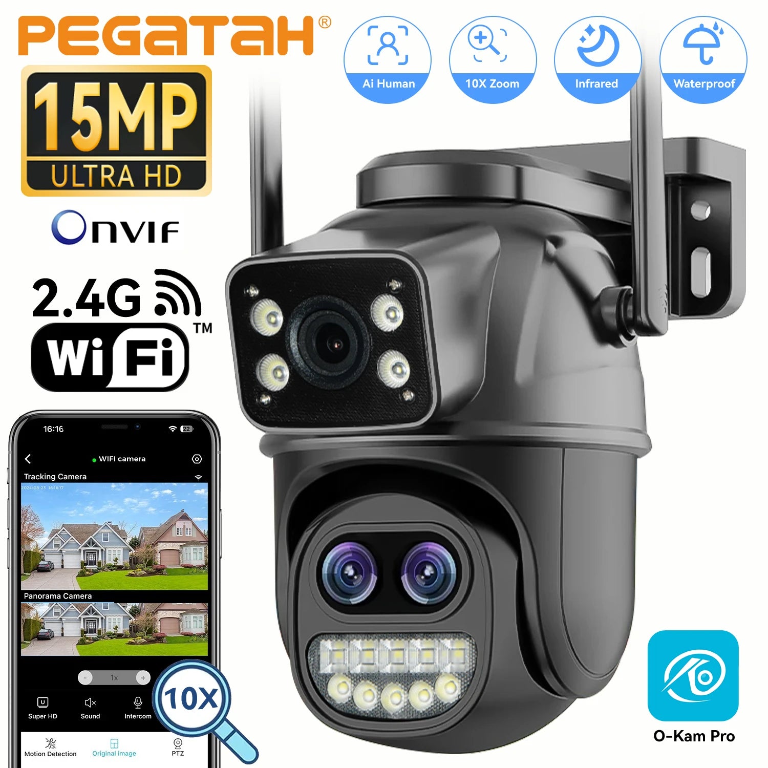 PEGATAH 15MP WiFi Security Camera PTZ Outdoor Dual Screen 10X Zoom Human Detection 10MP Surveillance Video IP Camera O-Kam Pro