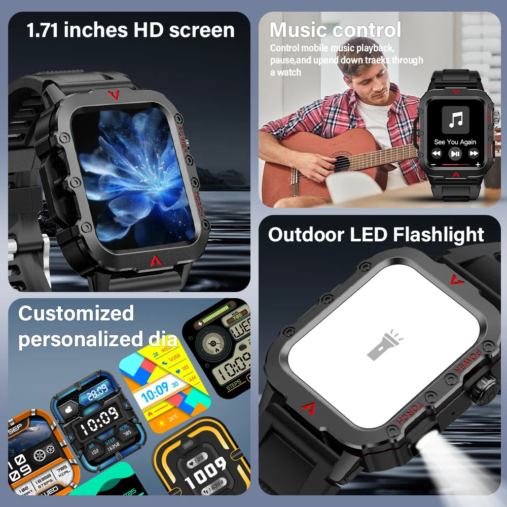LAXASFIT Men's Outdoor Smart Watch with LED Flashlight – Sports Fitness Tracker, Health Monitoring & LED Wristwatch
