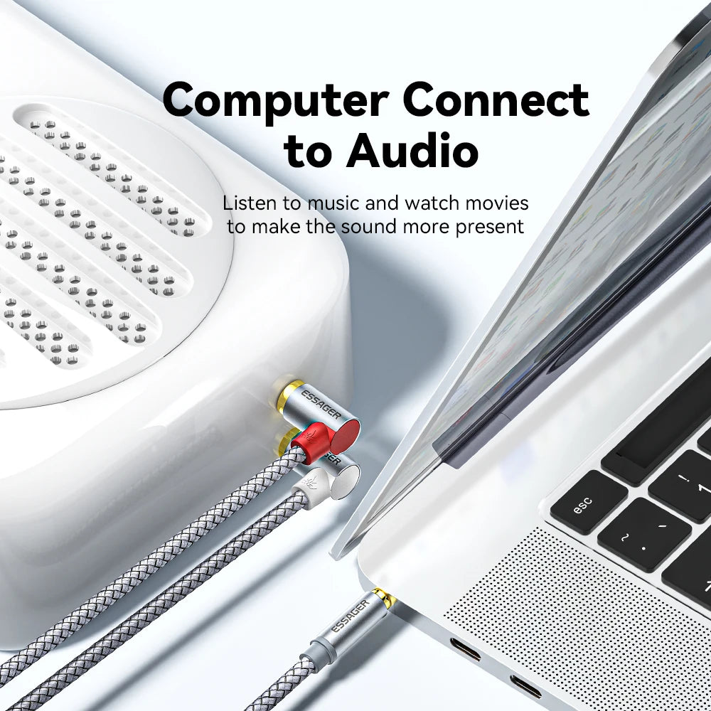 Essager 90° Right Angle 3.5mm to 2RCA Audio Cable – Stereo Splitter Adapter for Home Theater Amplifiers