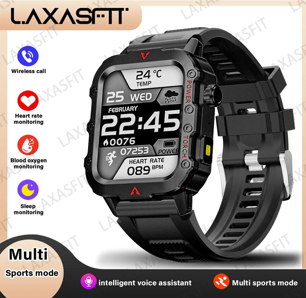 LAXASFIT Men's Outdoor Smart Watch with LED Flashlight – Sports Fitness Tracker, Health Monitoring & LED Wristwatch