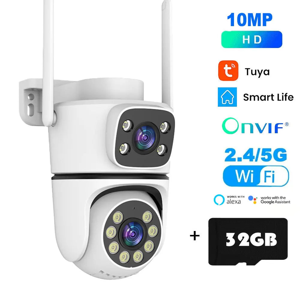 Tuya 5K 10MP WIFI IP Camera Outdoor 5G Wifi Dual Lens PTZ Cam Onvif CCTV Surveillance AI Tracking Alexa/Goggle Security Camera