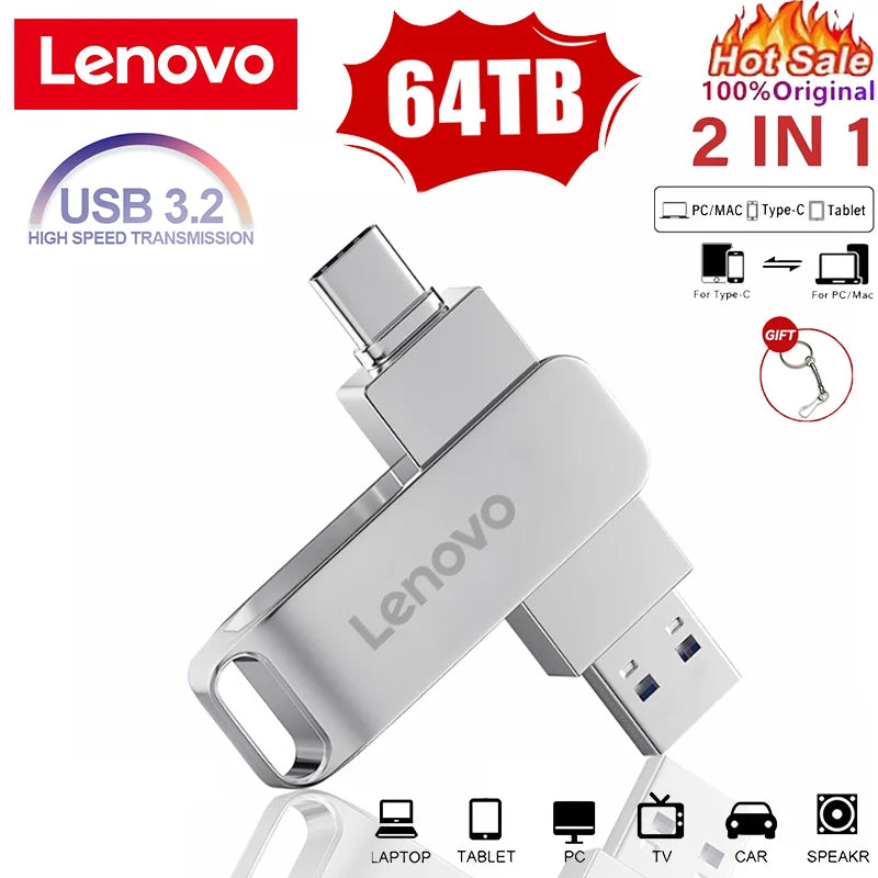 Lenovo 64TB USB3.0 Flash Drives 2TB U Disk High Speed Metal Pendrive WaterProof Type-C Memoria 16TB USB Stick USB Drives 8TB 4TB