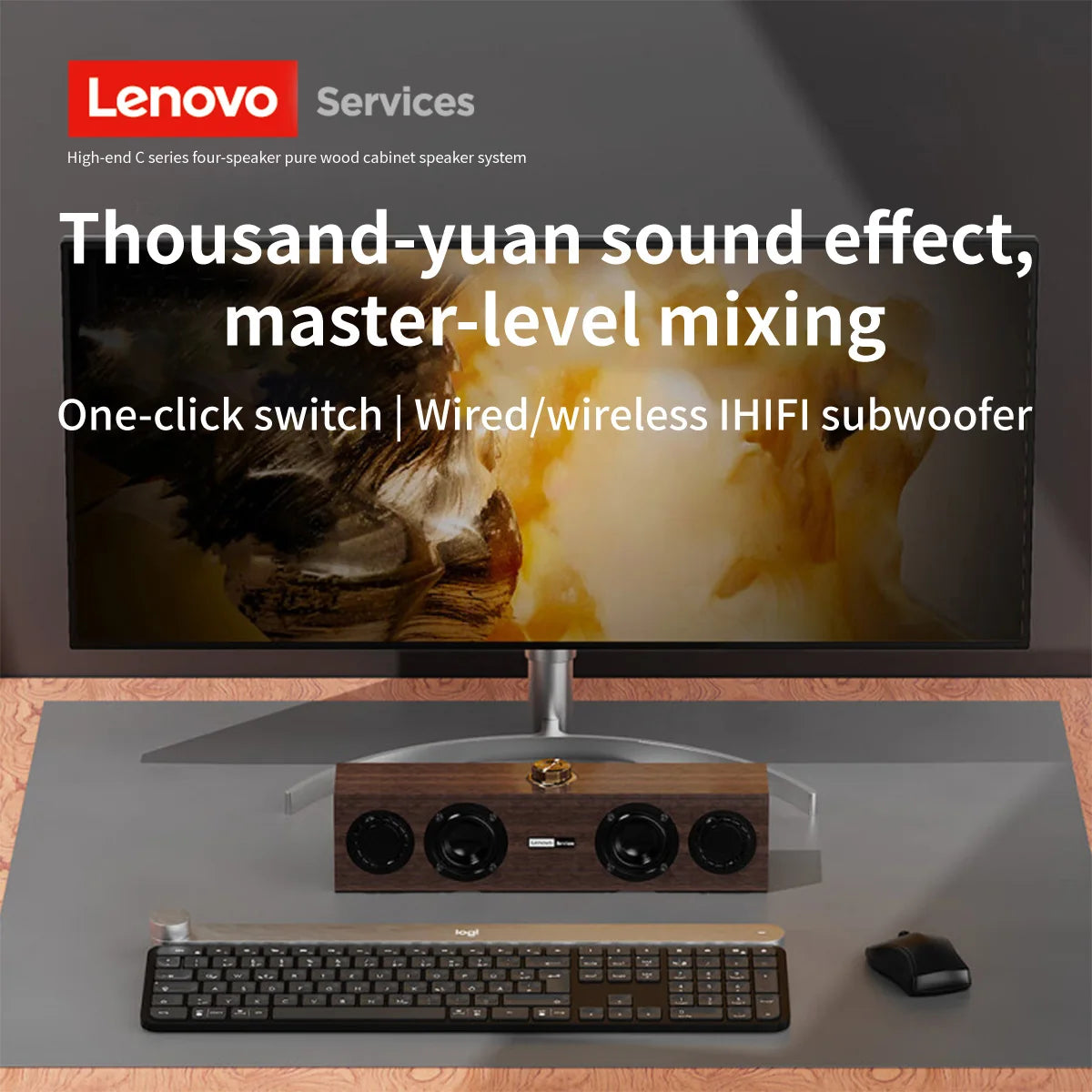 Lenovo C02 Bluetooth 5.0 Wooden Speaker – Wired USB Dual Mode Retro Subwoofer for PC TV Phone Gaming