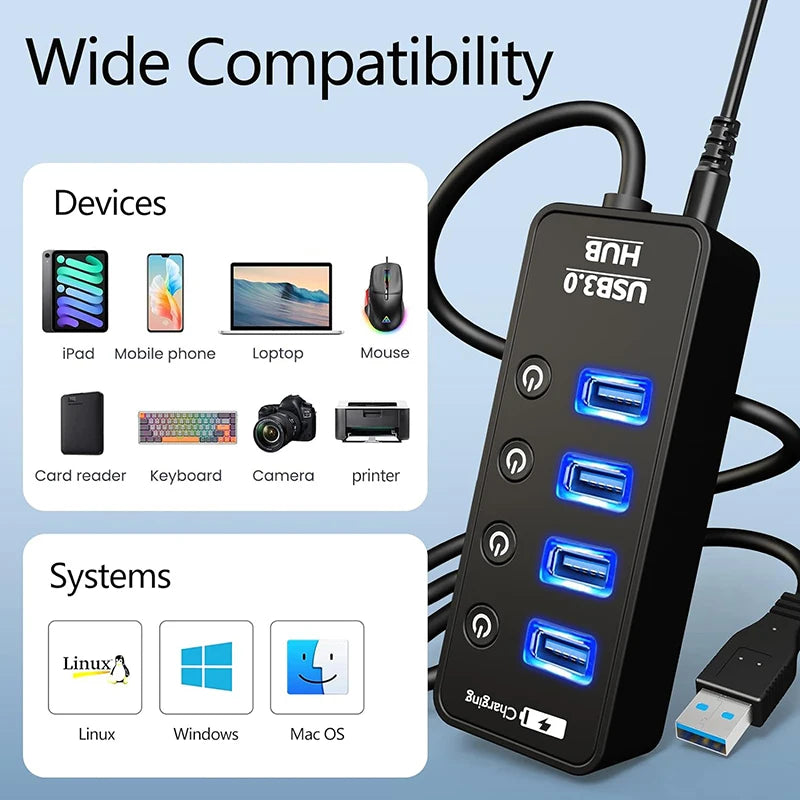 USB 3.0 HUB 4 7 Port Smart Phone Charger Multi Accessories With Power Adapter For Ipad MacBook Pro Computer PC Notebook Laptop