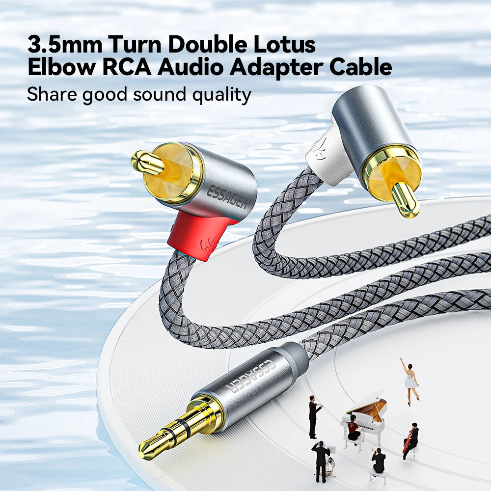 Essager 90° Right Angle 3.5mm to 2RCA Audio Cable – Stereo Splitter Adapter for Home Theater Amplifiers