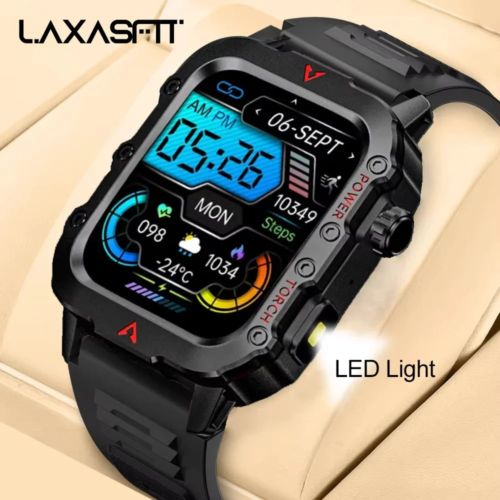 LAXASFIT Men's Outdoor Smart Watch with LED Flashlight – Sports Fitness Tracker, Health Monitoring & LED Wristwatch