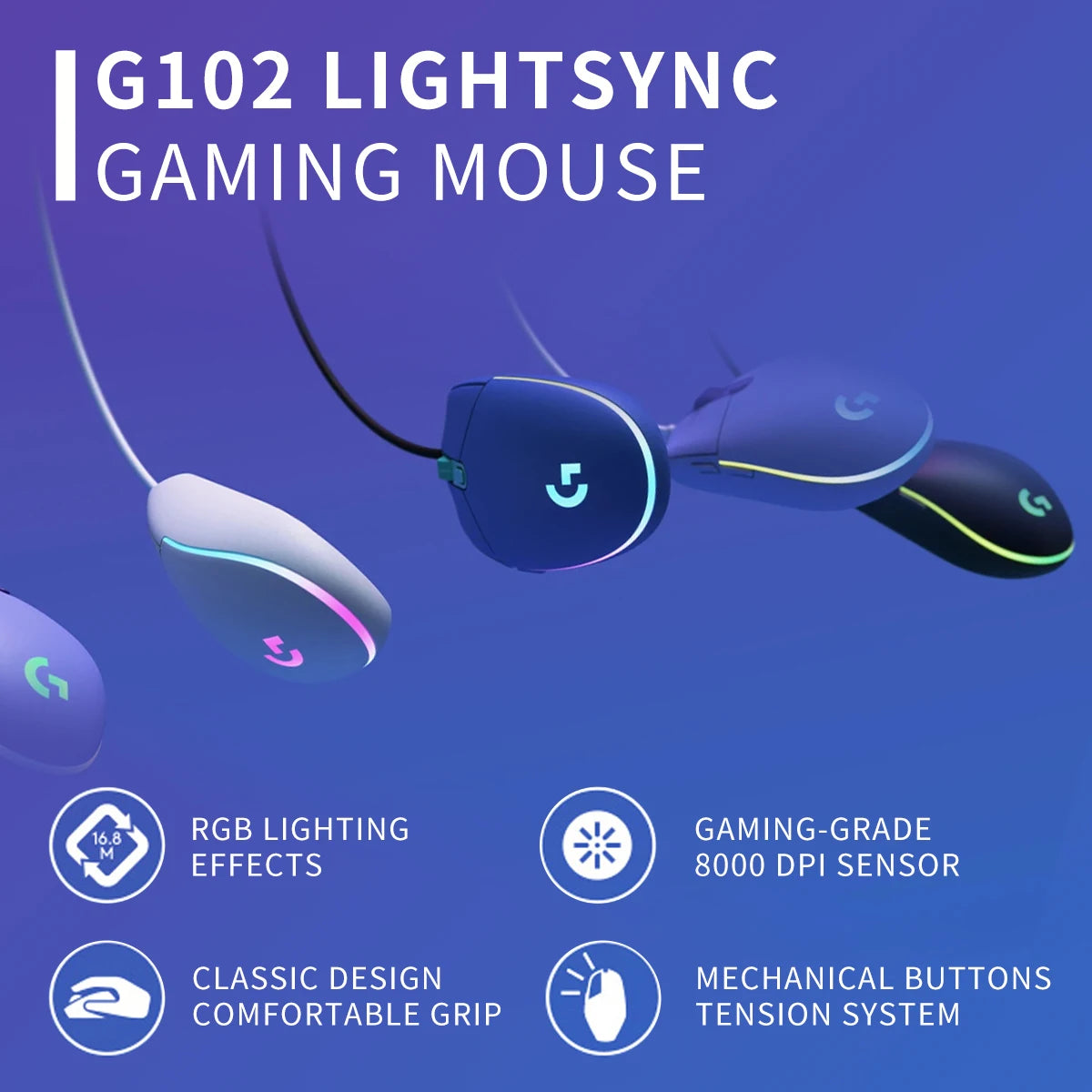 Logitech G102 Gaming Mouse Wired RGB Lighting 6 Programmable Buttons 8000 DPI Adjustable Ergonomic Fit for Desktop Laptop