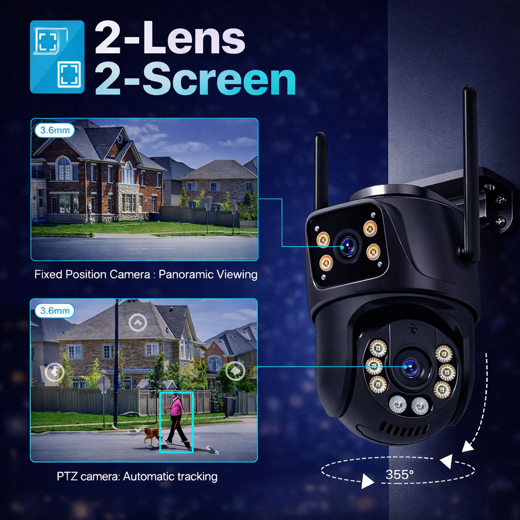 4K 8MP HD Wifi PTZ Camera Outdoor 4MP Dual Lens Dual Screen AI Auto Tracking IP Camera CCTV Audio Video Surveillance P2P iCSee