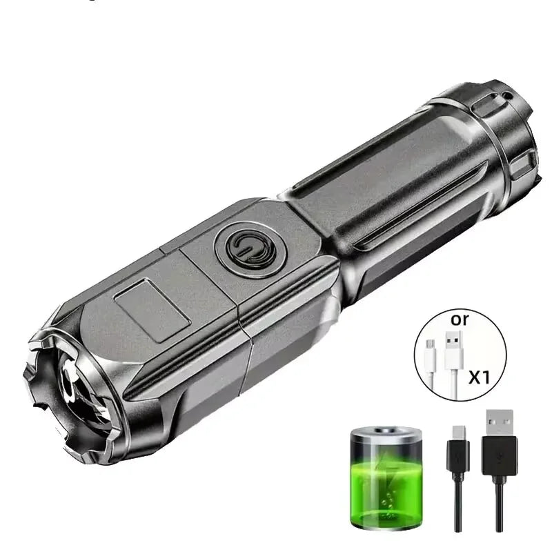 Powerful USB Rechargeable LED Flashlight – High Lumen Zoom Focus, Waterproof Tactical Torch for Fishing, Hunting, Camping