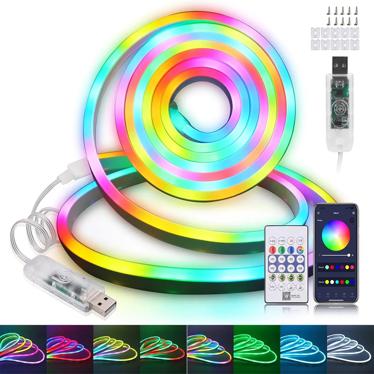 USB 5V RGBIC Neon LED Strip Lights for Gaming Backlight – Flexible Waterproof Ribbon with Bluetooth App & Music Sync