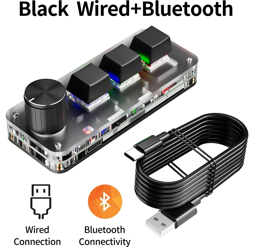 Bluetooth Macro Mechanical Keypad – 3-Key RGB Hotswap Red Switch Custom Programming Pad for Gaming, Photoshop & Productivity