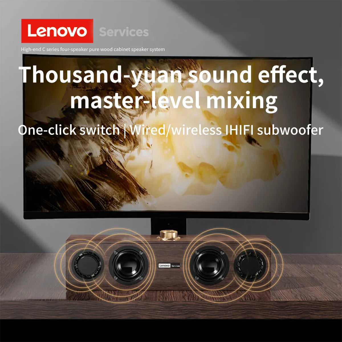 Lenovo C02 Bluetooth 5.0 Wooden Speaker – Wired USB Dual Mode Retro Subwoofer for PC TV Phone Gaming