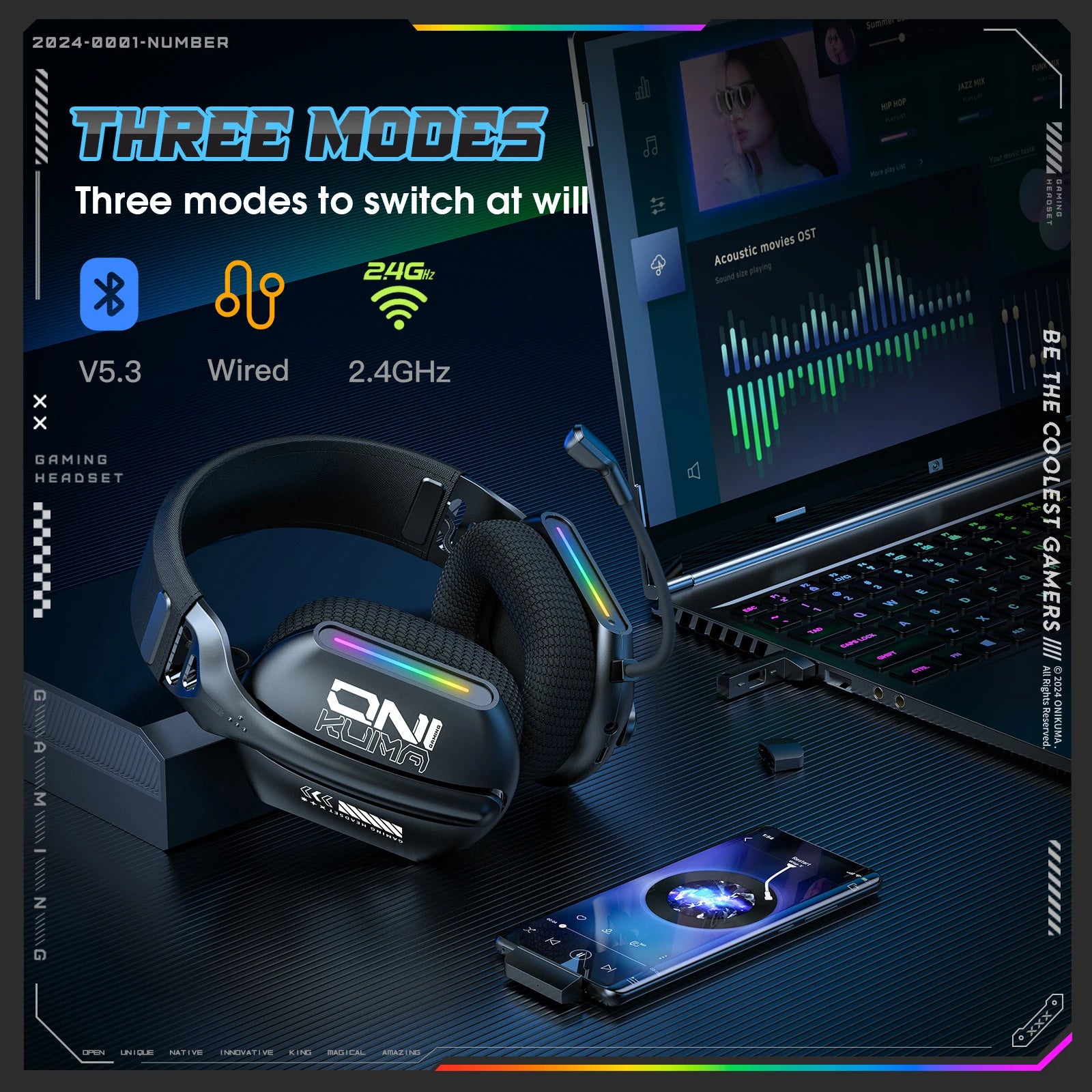 Onikuma Gt808 Three Mode with Mic E-Sports Wireless Gaming Headset Rgb Lighting Supports Bluetooth 5.3 / 2.4g / Aux 3.5mm