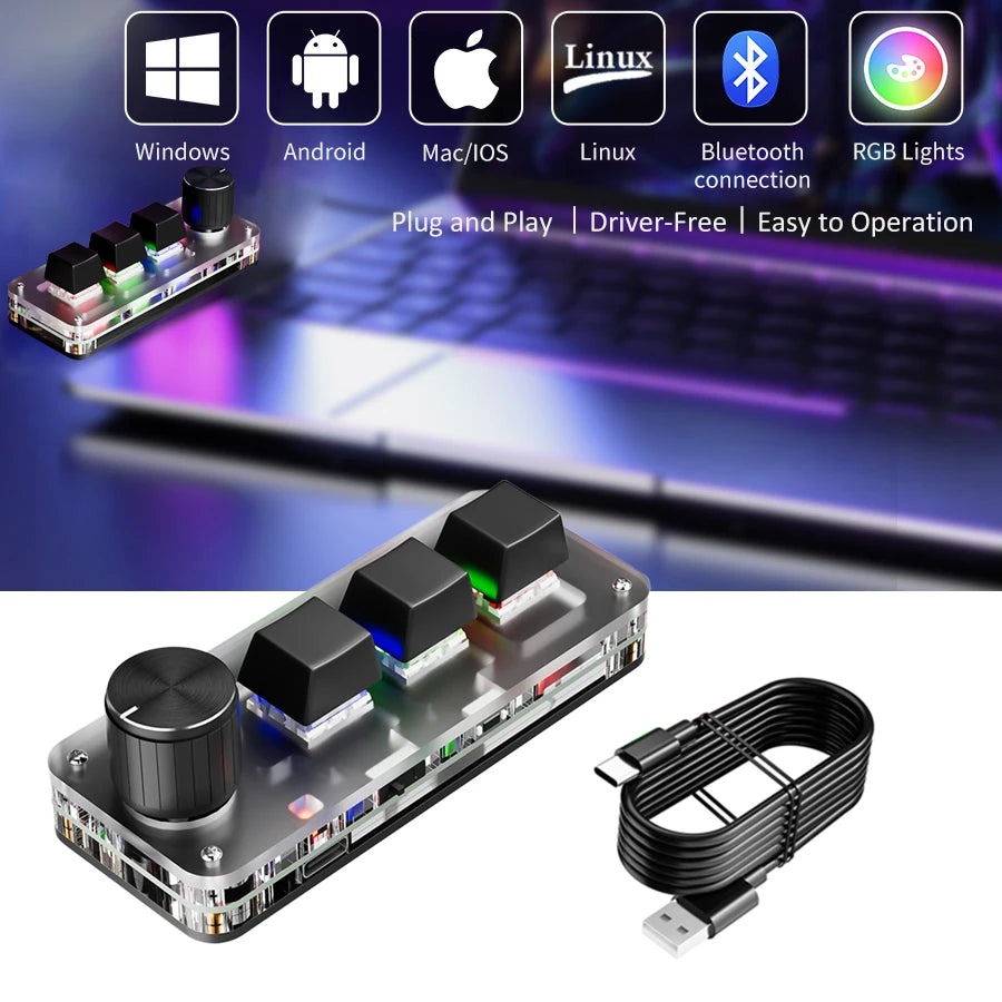 Bluetooth Macro Mechanical Keypad – 3-Key RGB Hotswap Red Switch Custom Programming Pad for Gaming, Photoshop & Productivity