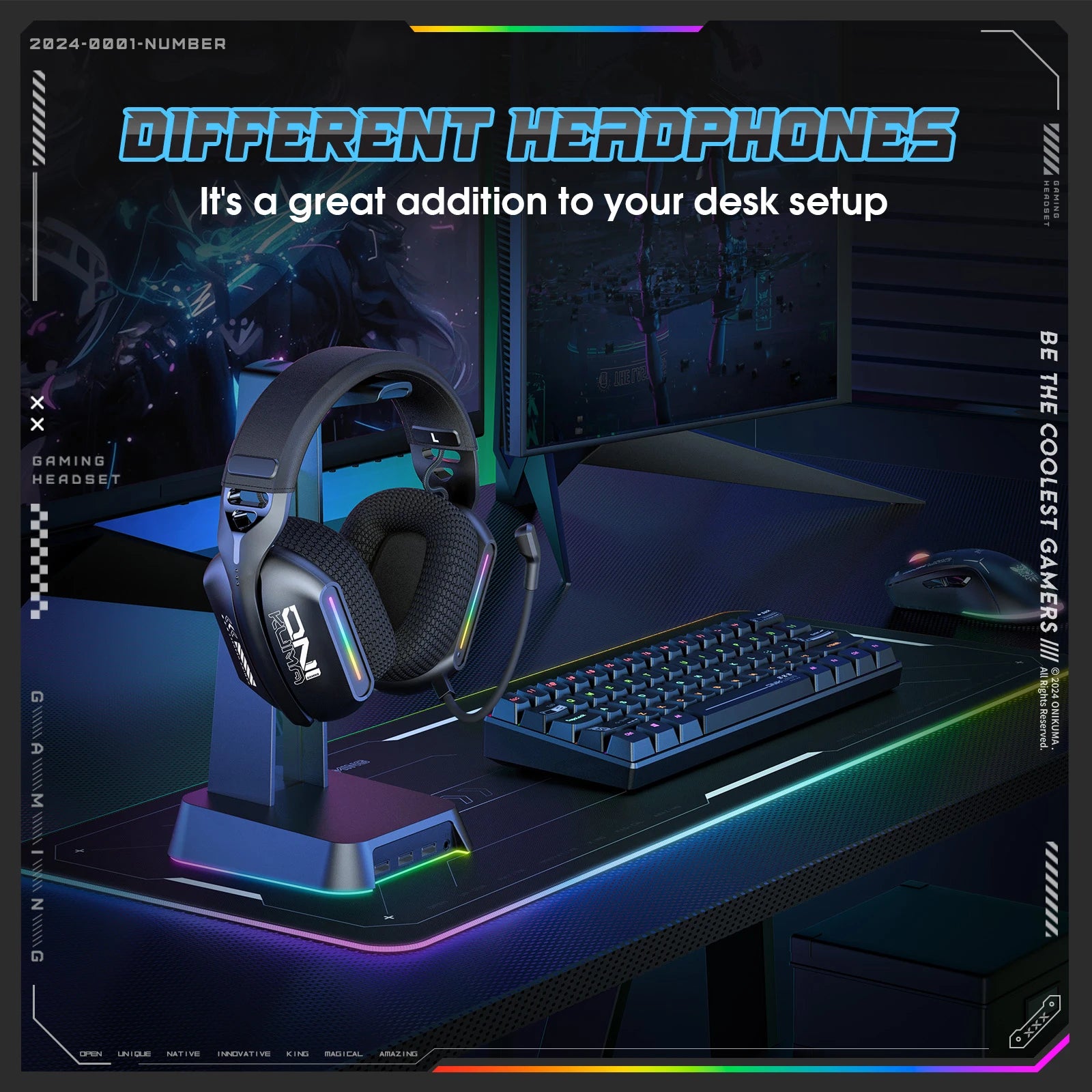 Onikuma Gt808 Three Mode with Mic E-Sports Wireless Gaming Headset Rgb Lighting Supports Bluetooth 5.3 / 2.4g / Aux 3.5mm